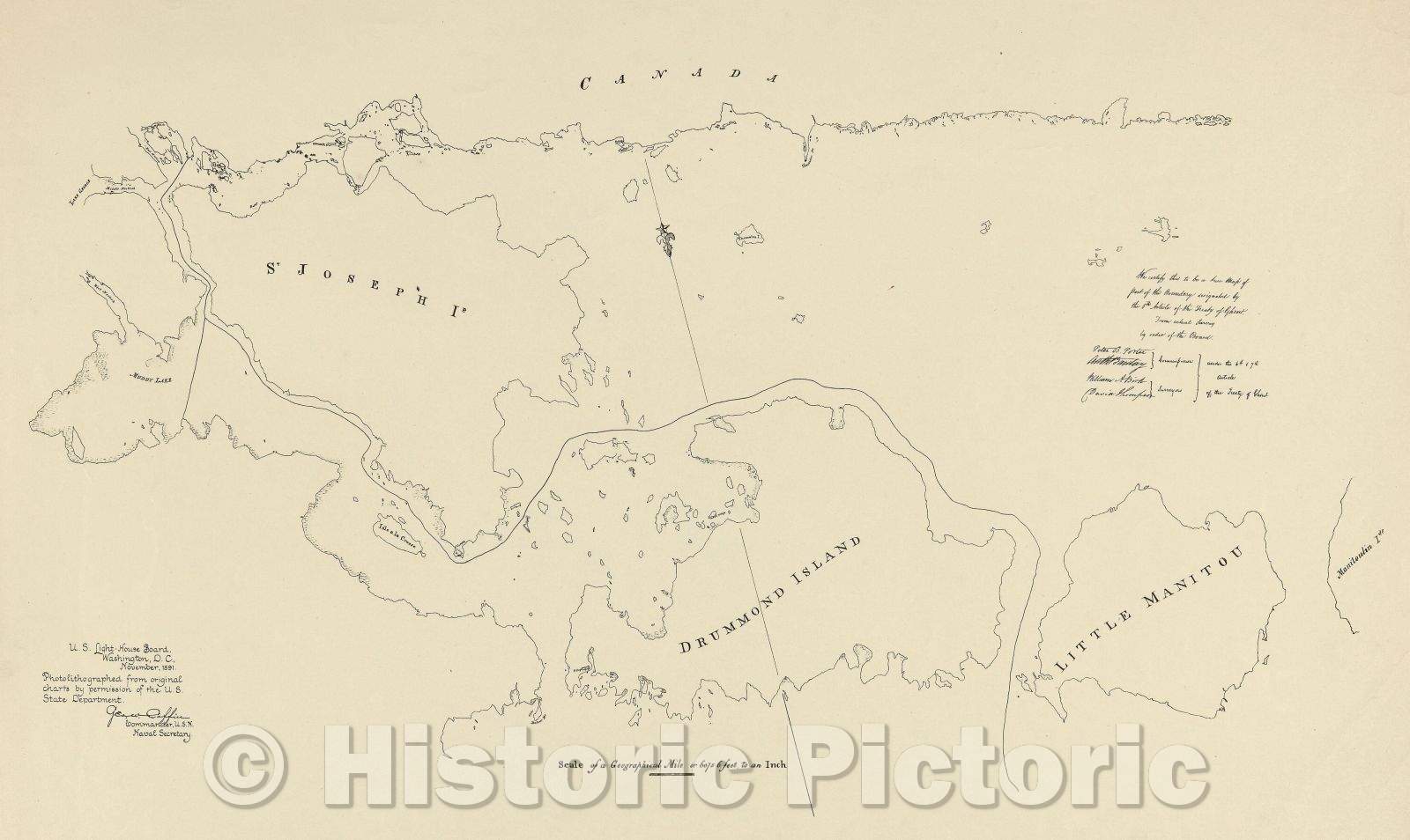 Historic Map : untitled map of St. Joseph Island, Drummond Island, Little Manitou, 1891 , Vintage Wall Art