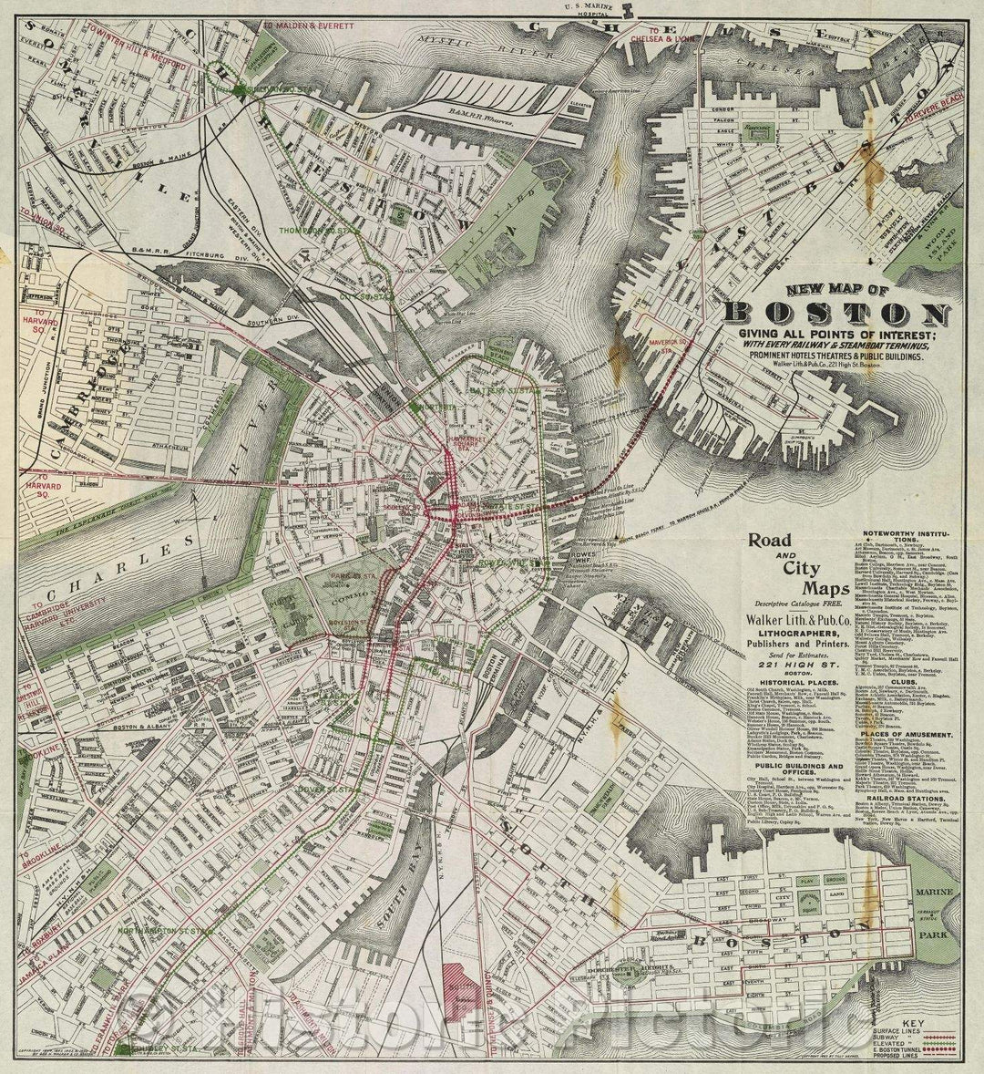 Historic Map : New map of Boston giving all points of interest : with every railway and steamboat terminus, prominent hotels theatres and public buildings, 1883 , Vintage Wall Art , v2