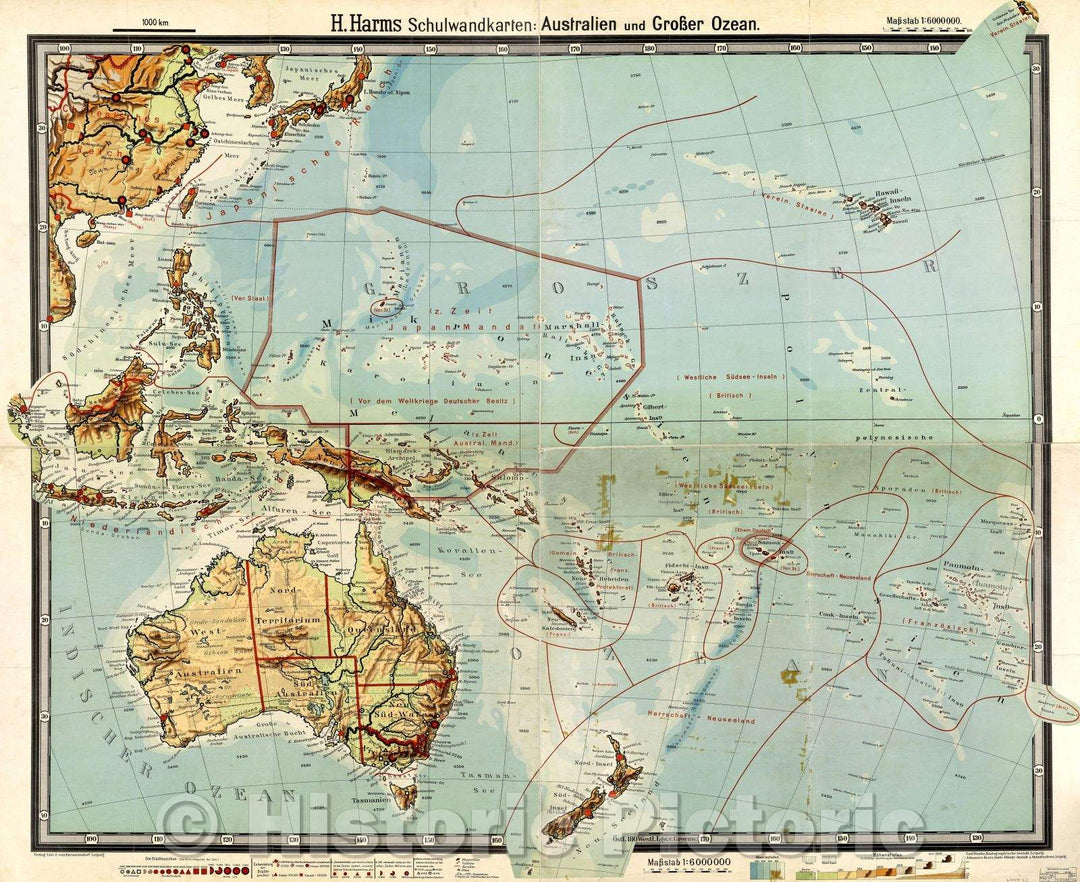 Historic Map : H. Harms schulwandkarten : Australien und Grosser Ozean, 1926 , Vintage Wall Art