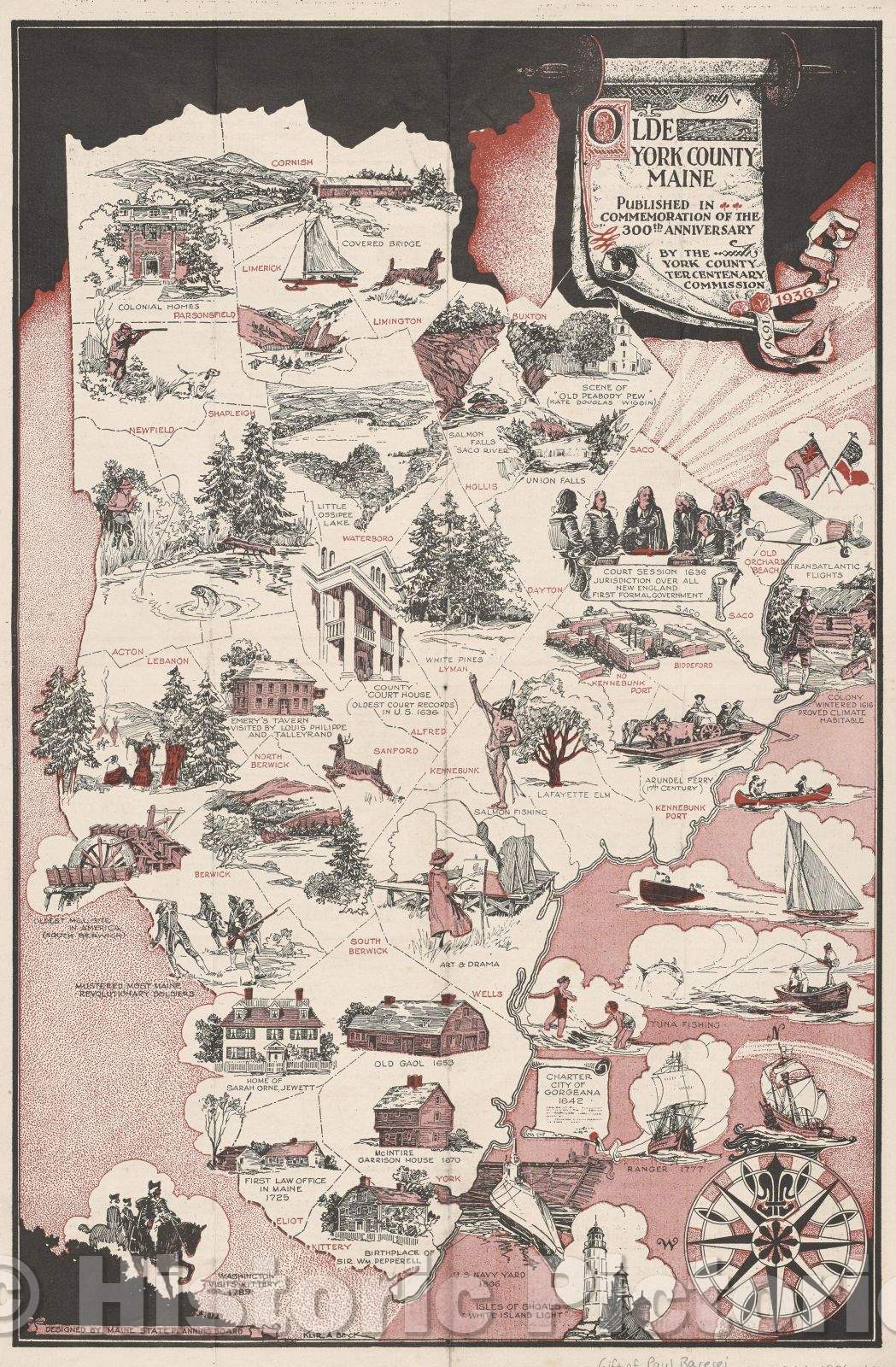 Historic Map : Olde York County Maine, 1936 , Vintage Wall Art