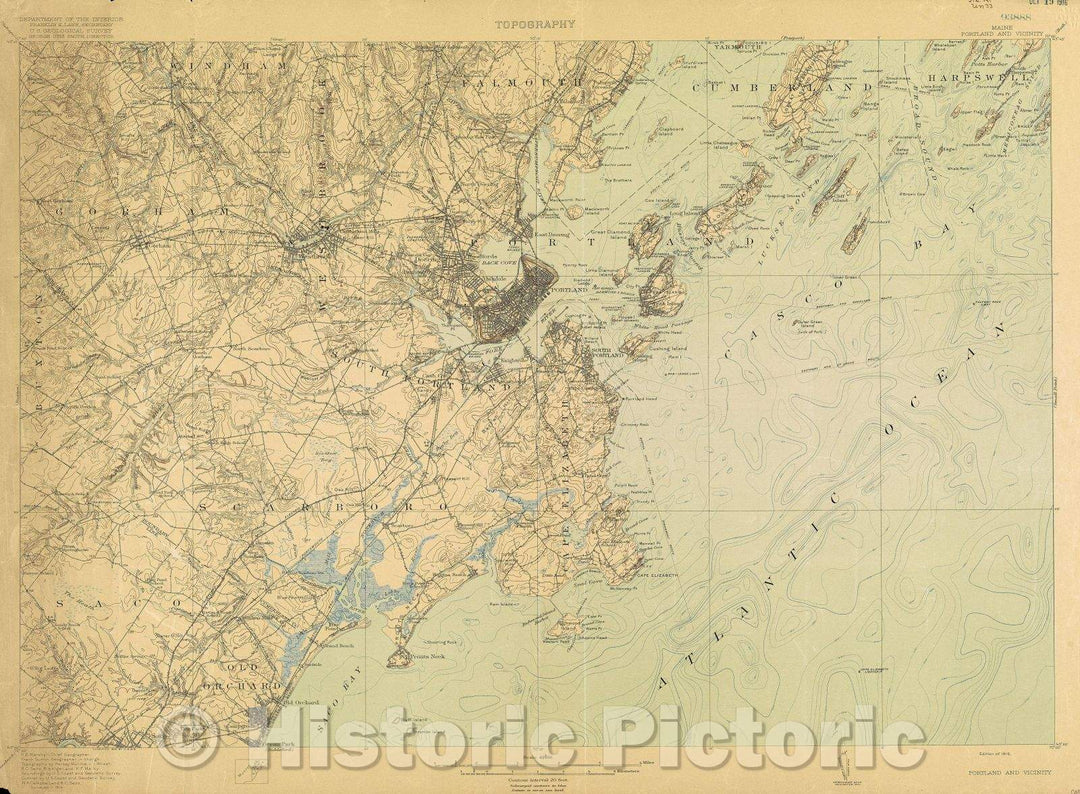 Historic Map : Maine, Portland and vicinity, 1916 , Vintage Wall Art