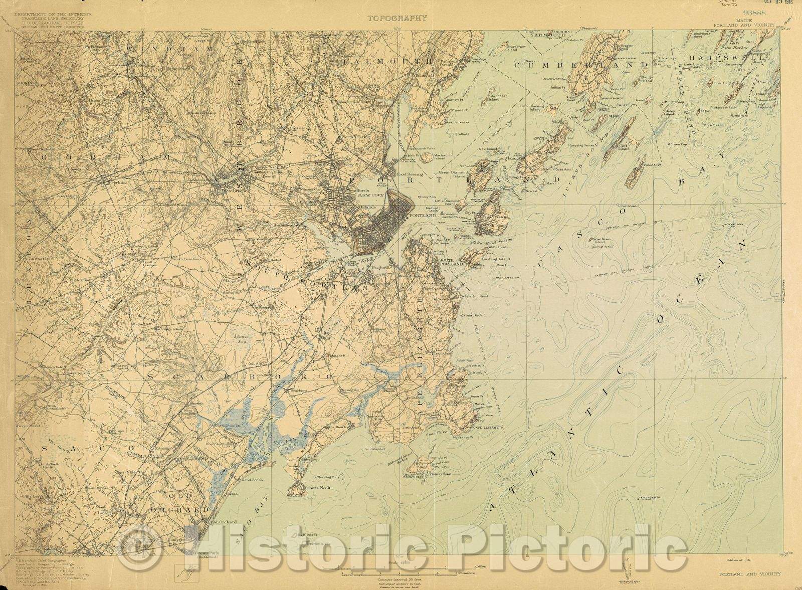 Historic Map : Maine, Portland and vicinity, 1916 , Vintage Wall Art