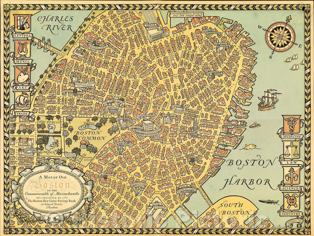 Historic Map : A map of Old Boston in the Commonwealth of Massachusetts, 1929 , Vintage Wall Art