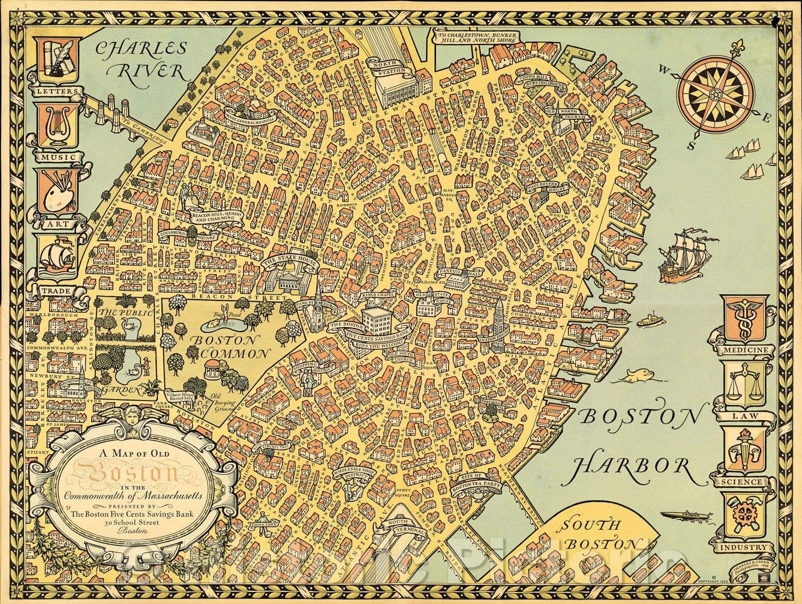 Historic Map : A map of Old Boston in the Commonwealth of Massachusetts, 1929 , Vintage Wall Art
