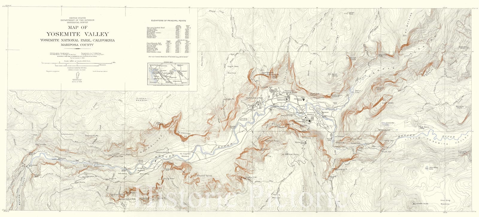 Historic Map : Map of Yosemite Valley, Yosemite National Park, California, Mariposa County, 1938 , Vintage Wall Art