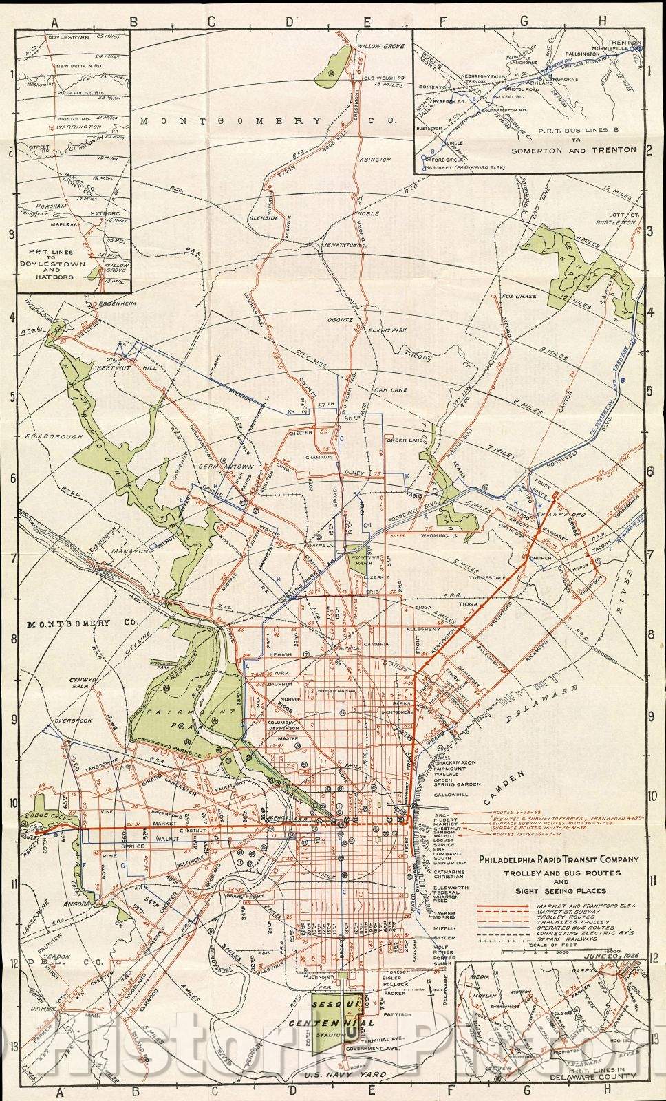 Historic Map : Trolley and bus routes and sight seeing places, 1926 , Vintage Wall Art
