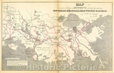 Historic Map : Map of a part of the State of Louisiana exhibiting the route of the New-Orleans, Opelousas and Great Western Rail Road, 1853 , Vintage Wall Art