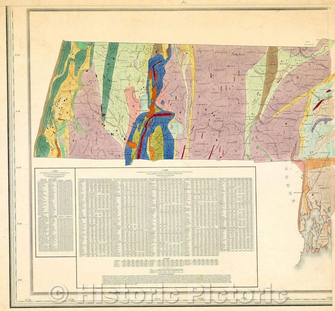 Historic Map : Topographical map of Massachusetts : compiled from astronomical, trigonometrical, and various local surveys, 1844 , Vintage Wall Art , v3