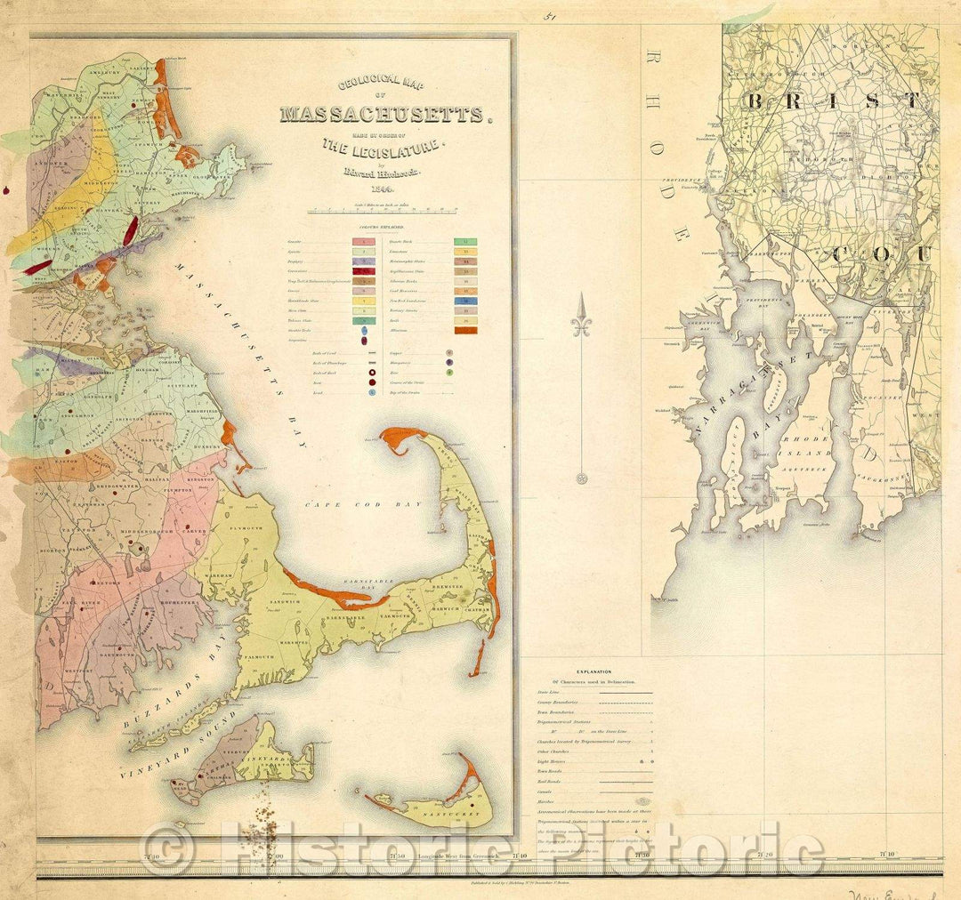 Historic Map : Topographical map of Massachusetts : compiled from astronomical, trigonometrical, and various local surveys, 1844 , Vintage Wall Art , v2