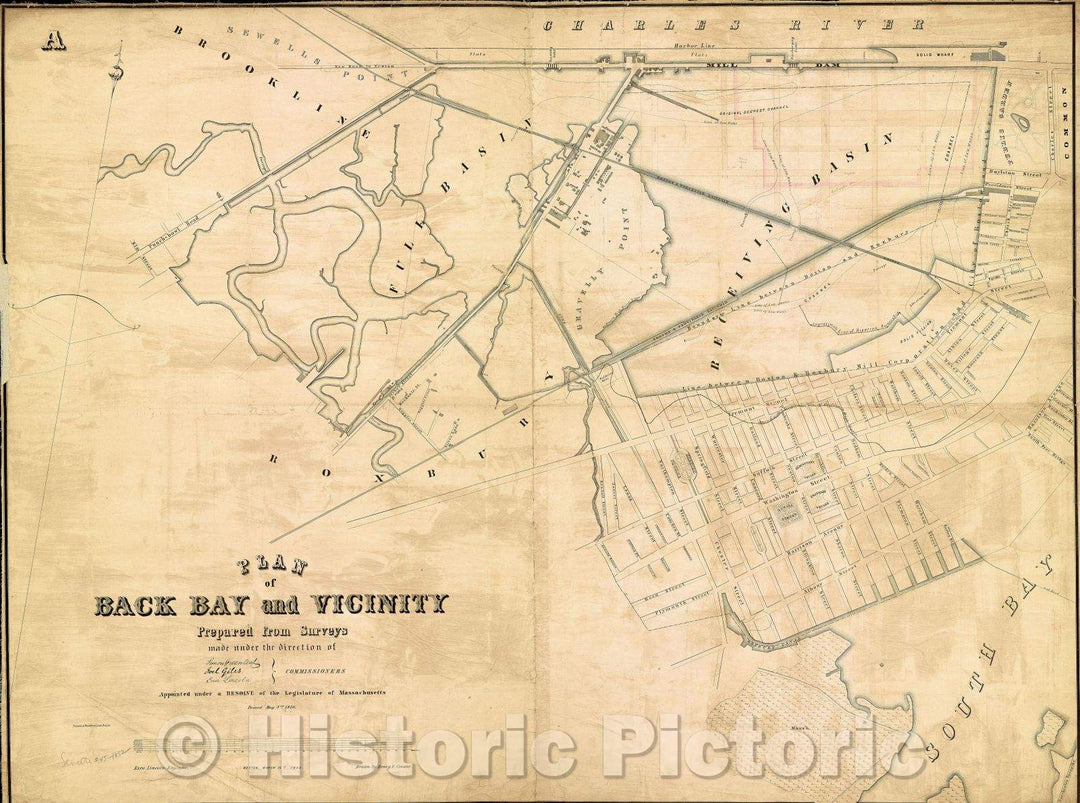 Historic Map : Plan of Back Bay and vicinity : prepared from surveys made under the direction of Simon Greenleaf, Joel Giles, Ezra Lincoln, 1852 , Vintage Wall Art