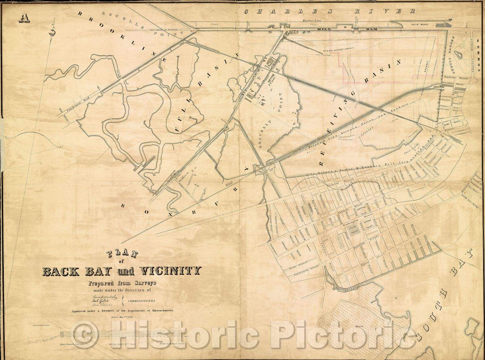 Historic Map : Plan of Back Bay and vicinity : prepared from surveys made under the direction of Simon Greenleaf, Joel Giles, Ezra Lincoln, 1852 , Vintage Wall Art