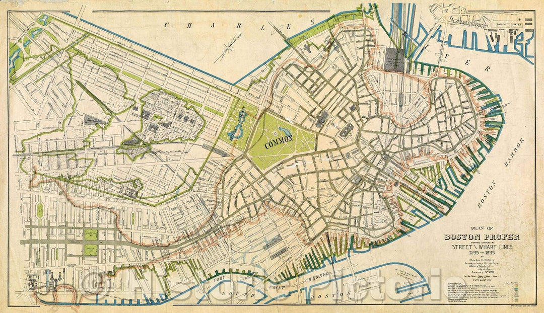 Historic Map : Plan of Boston proper : showing changes in street and wharf lines, 1795 to 1895, 1895 , Vintage Wall Art