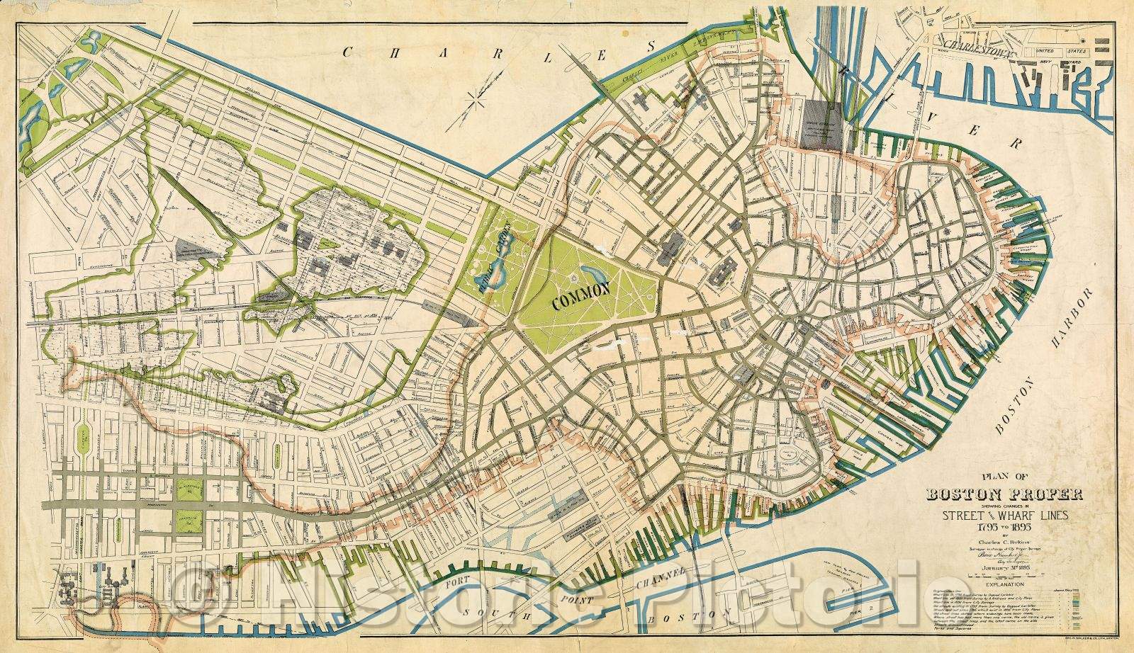 Historic Map : Plan of Boston proper : showing changes in street and wharf lines, 1795 to 1895, 1895 , Vintage Wall Art