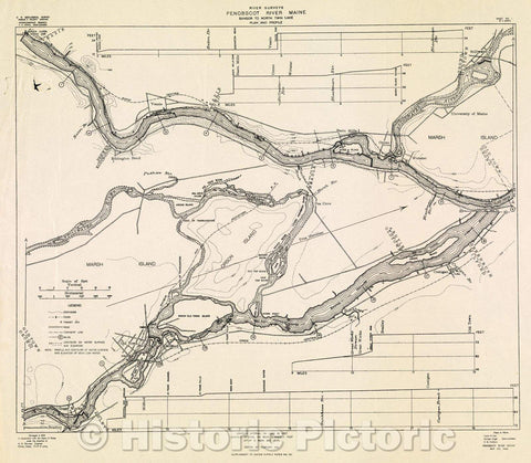 Historic Map : River Surveys : Penobscot River Maine, Bangor to North Twin Lake, Plan and Profile, 1906 , Vintage Wall Art , v5
