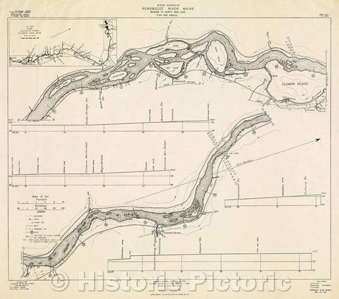 Historic Map : River Surveys : Penobscot River Maine, Bangor to North Twin Lake, Plan and Profile, 1906 , Vintage Wall Art , v4