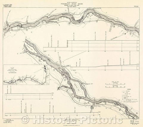 Historic Map : River Surveys : Penobscot River Maine, Bangor to North Twin Lake, Plan and Profile, 1906 , Vintage Wall Art , v3