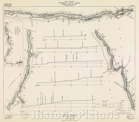 Historic Map : River Surveys : Penobscot River Maine, Bangor to North Twin Lake, Plan and Profile, 1906 , Vintage Wall Art , v2