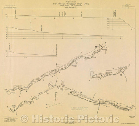 Historic Map : River Surveys : East Branch Penobscot River Maine, First Grand Lake to Medway, Plan and Profile, 1908 , Vintage Wall Art