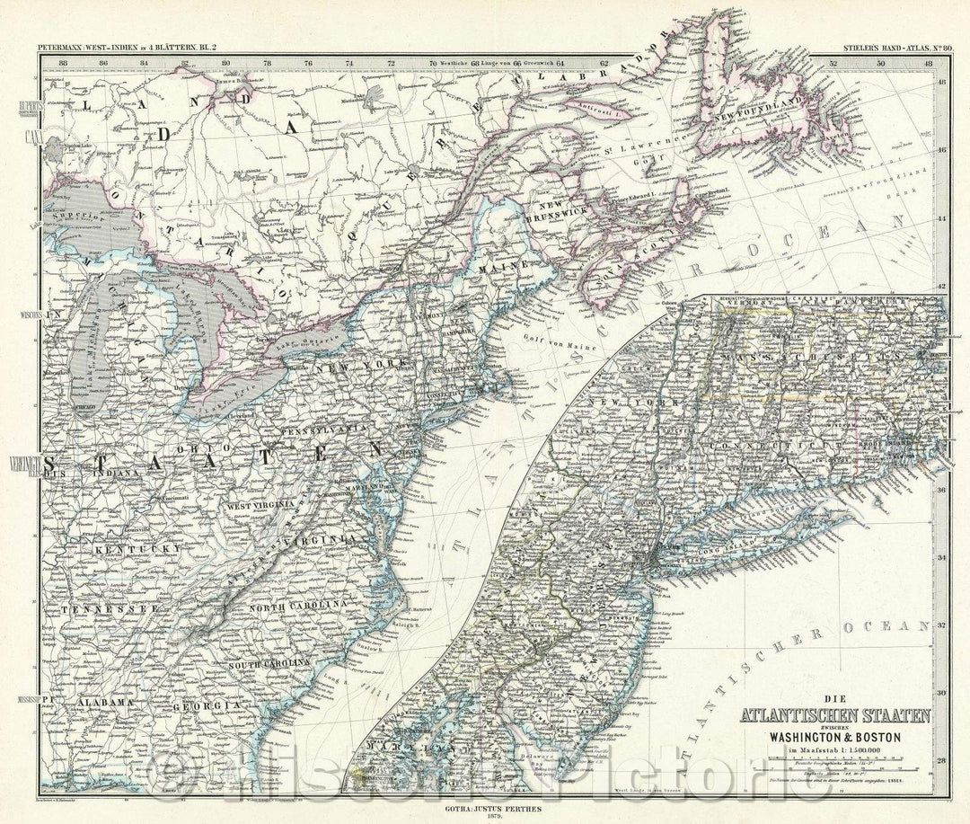 Historic Map : Die Atlantischen Staaten zwischen Washington and Boston, 1879 , Vintage Wall Art