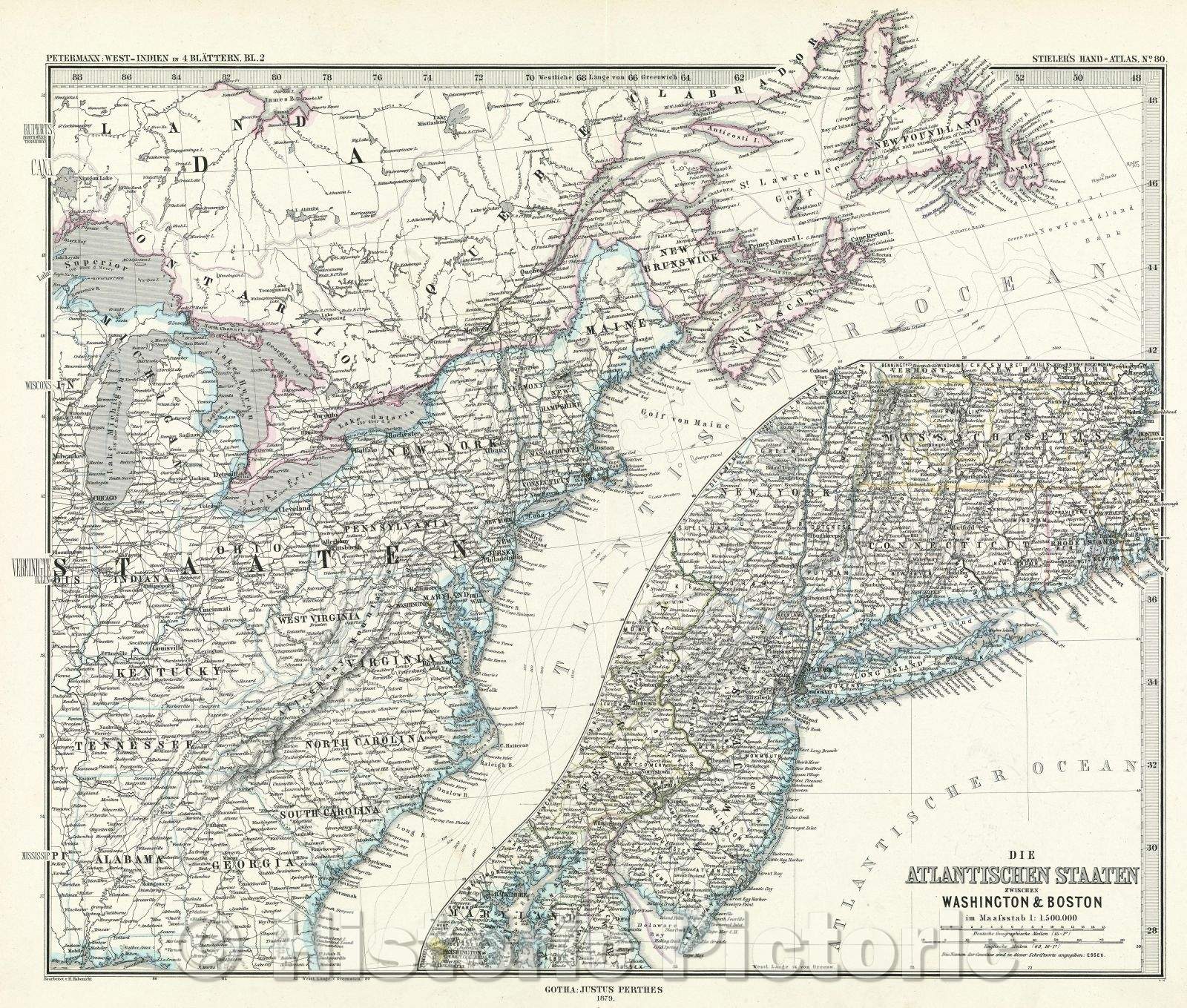 Historic Map : Die Atlantischen Staaten zwischen Washington and Boston, 1879 , Vintage Wall Art