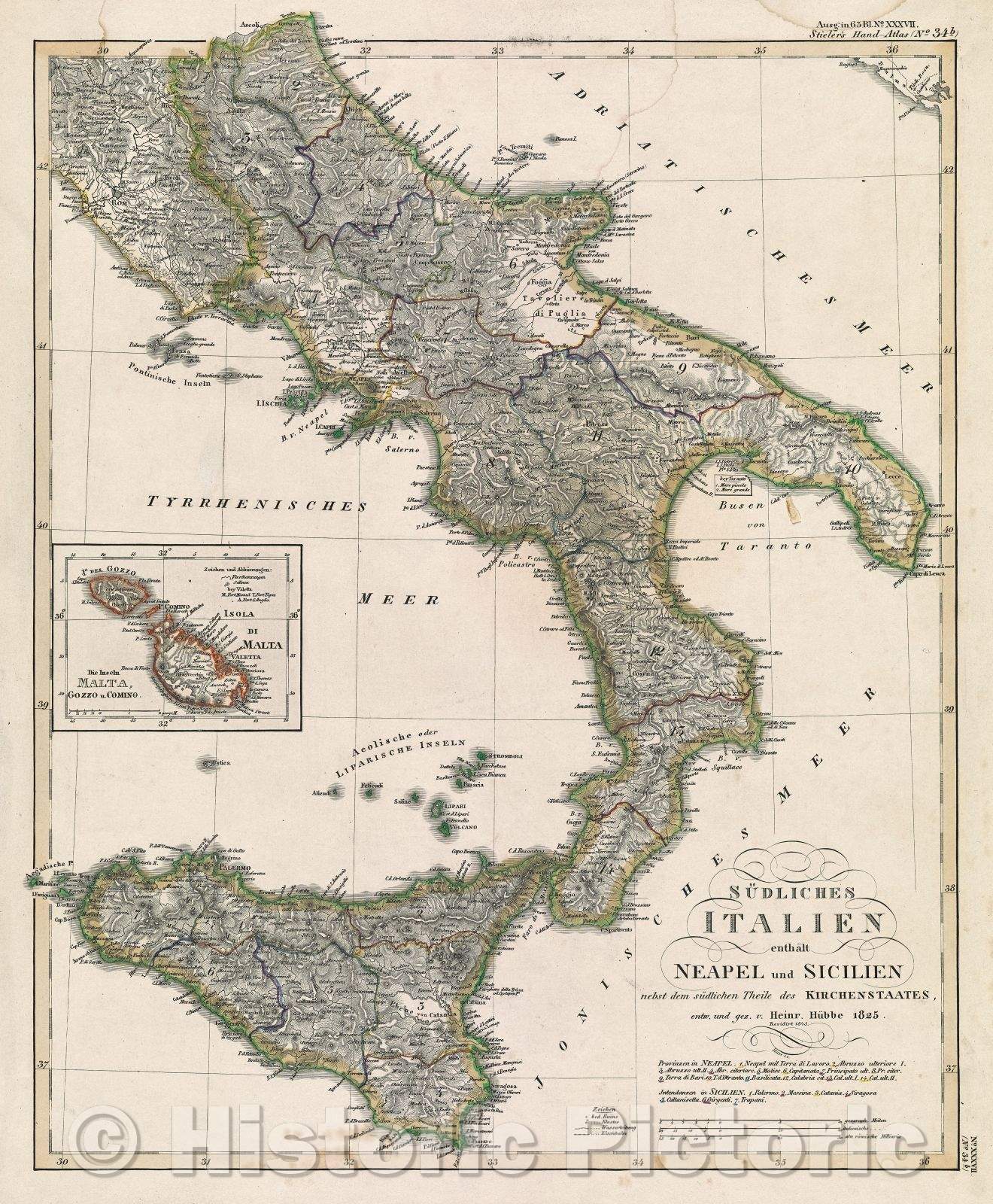Historic Map : Su?dliches Italien : entha?lt Neapel und Sicilien nebst dem su?dlichen Theile des Kirchenstaats, 1845 , Vintage Wall Art