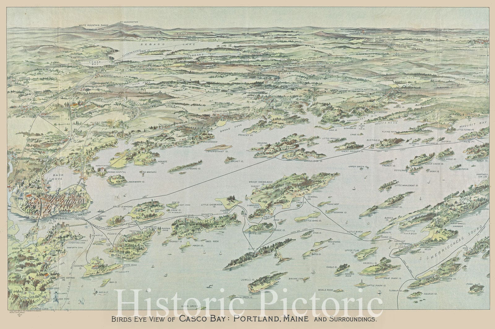 Historic Map : Birds Eye View of Casco Bay: Portland, Maine and Surroundings, 1905 , Vintage Wall Art