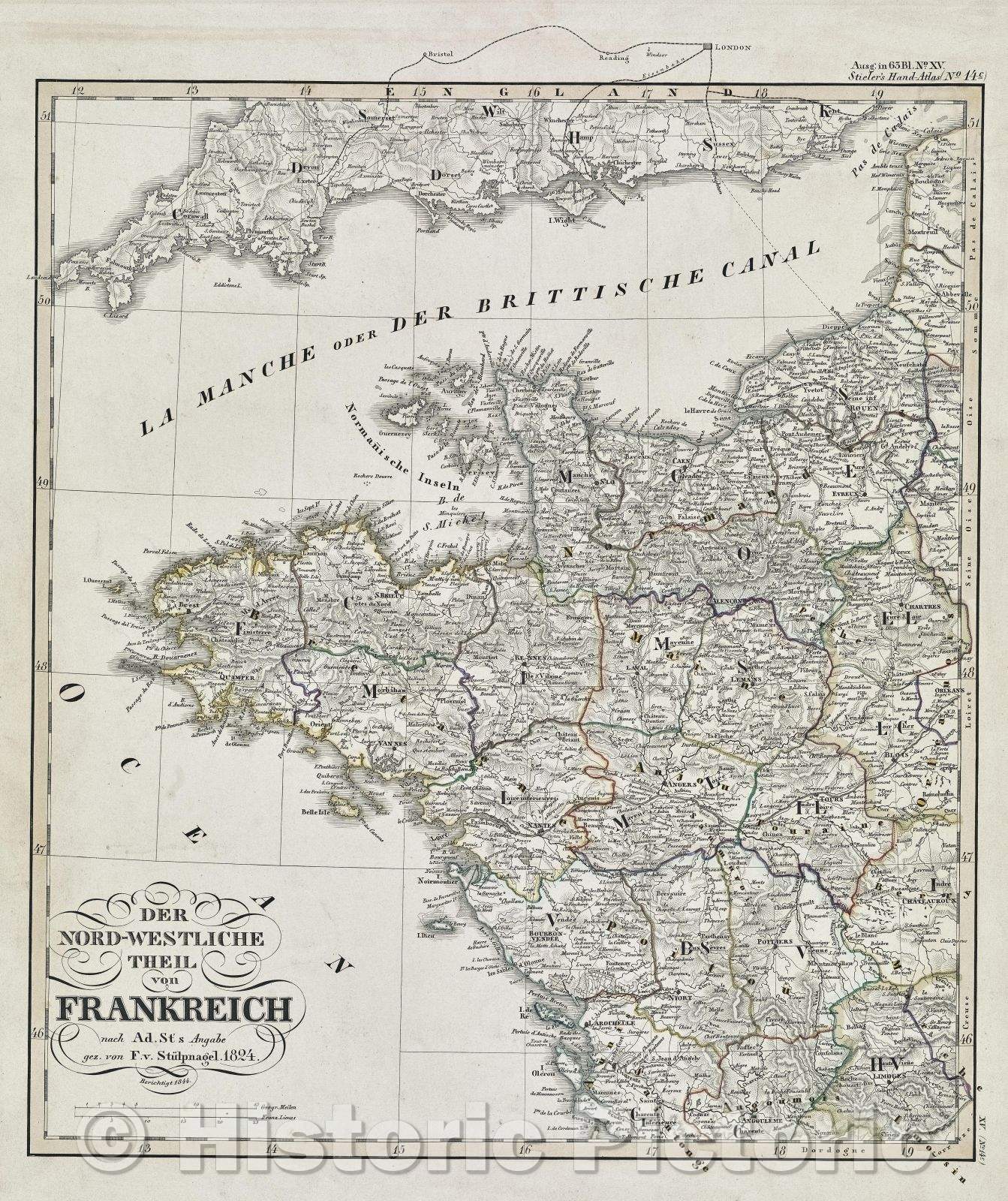 Historic Map : Der Nord-Westliche Theil von Frankreich, 1844 , Vintage Wall Art