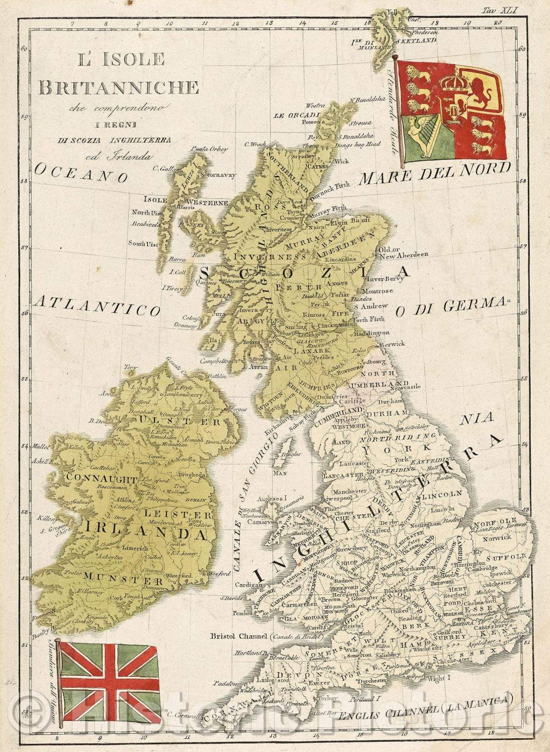Historic Map : L'Isole Britanniche che comprendo I Regni di Scozia Inghilterra ed Irlanda, c. 1839 , Vintage Wall Art