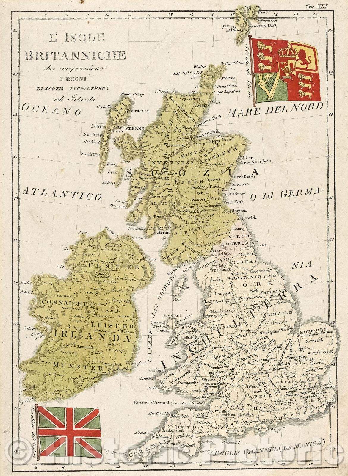 Historic Map : L'Isole Britanniche che comprendo I Regni di Scozia Inghilterra ed Irlanda, c. 1839 , Vintage Wall Art