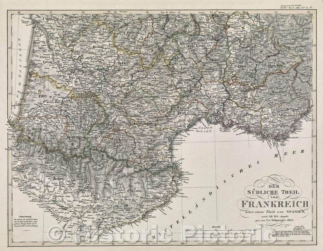 Historic Map : Der sudliche theil von Frankreich nebst einem theile von Spanien, 1844 , Vintage Wall Art
