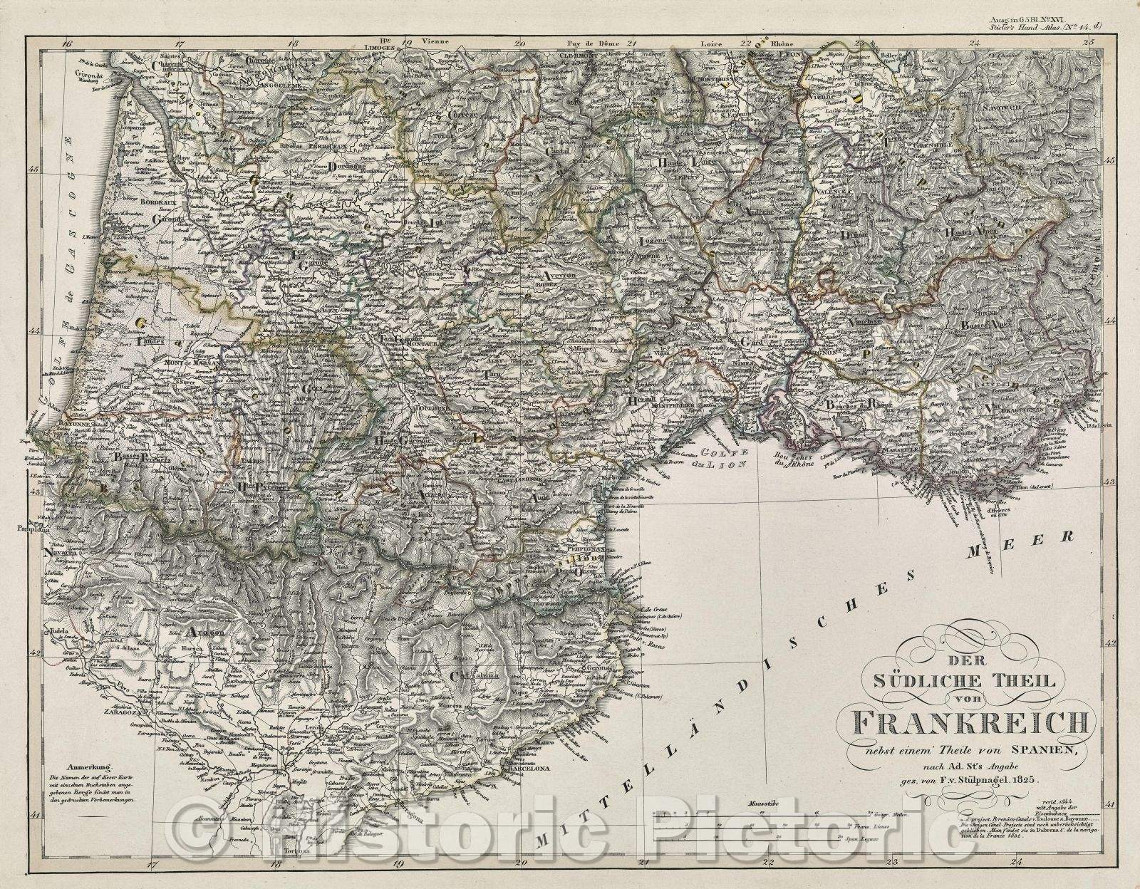 Historic Map : Der sudliche theil von Frankreich nebst einem theile von Spanien, 1844 , Vintage Wall Art