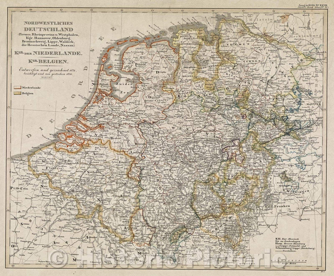 Historic Map : Norwestliches Deutschland (Preuss, Rheinprovinz u. Westphalen, Kgr. Hannover, Oldenburg, Braunschweig, Lippe, Waldeck, die Hessischen Lande, 1845 , Vintage Wall Art