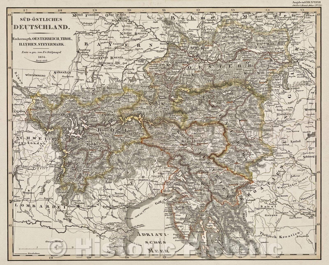 Historic Map : Sud-Ostliches Deutschland. Erzherzogth. Oesterreich, Tirol, Illyrien, Steyermark., 1846 , Vintage Wall Art