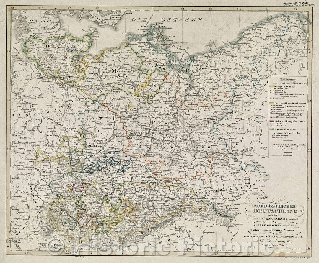 Historic Map : Nord-Osliches Deutschland enthalt: sammtliche Saechsische Lande, die Preussischen Provinzen: Sachsen, Brandenburg, Pommern. Mecklenburg, Holstein, 1843 , Vintage Wall Art