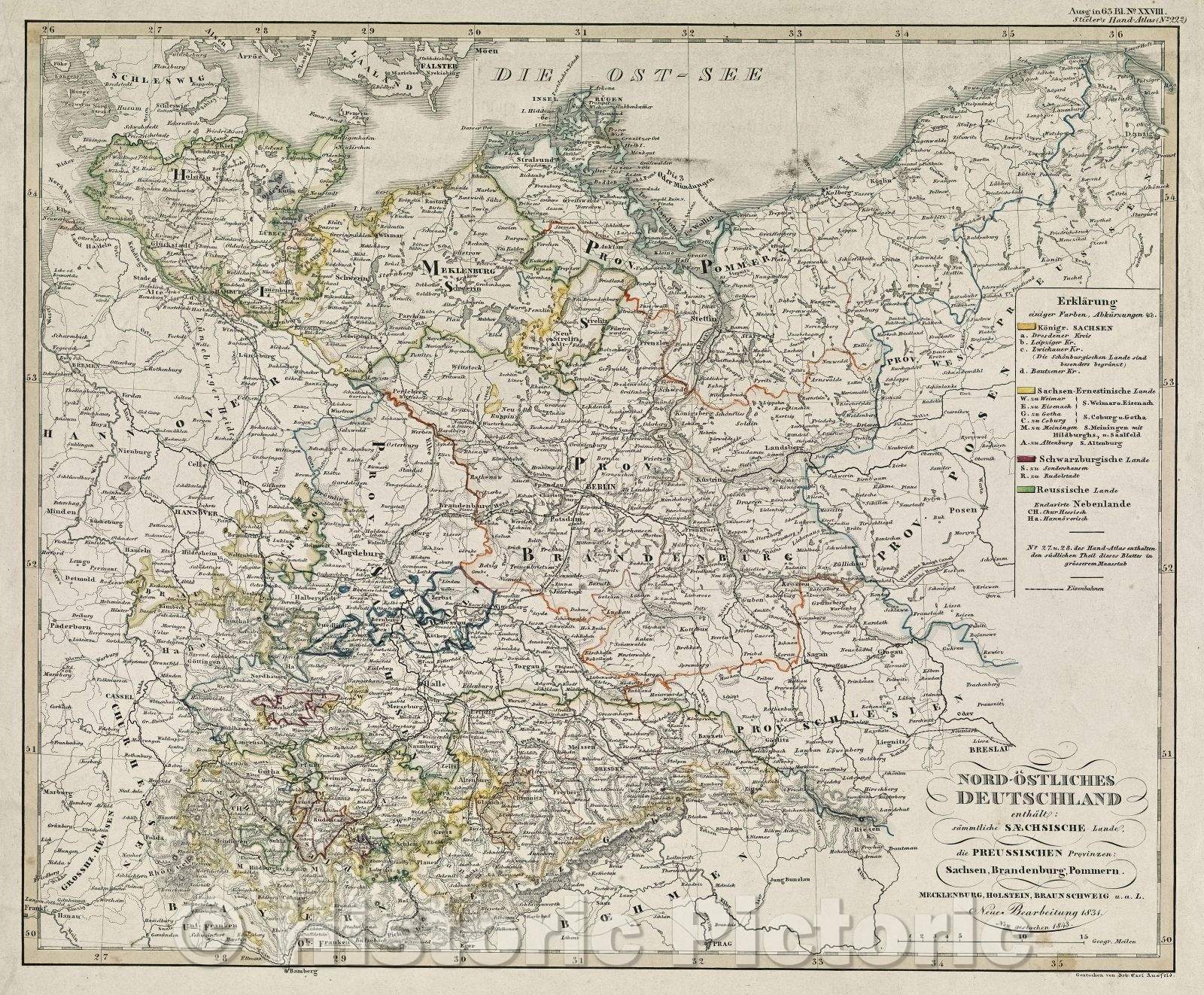 Historic Map : Nord-Osliches Deutschland enthalt: sammtliche Saechsische Lande, die Preussischen Provinzen: Sachsen, Brandenburg, Pommern. Mecklenburg, Holstein, 1843 , Vintage Wall Art