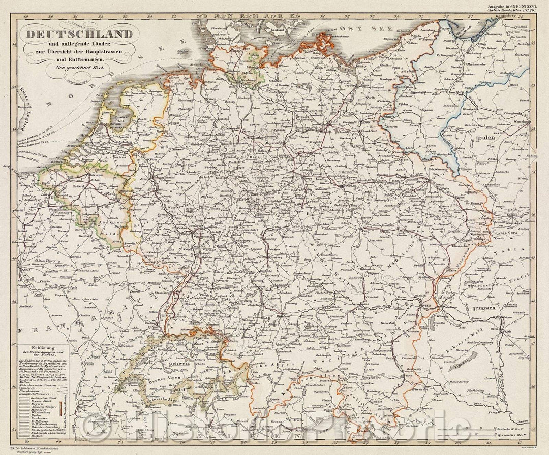 Historic Map : Deutschland und anliegende Lander, zur ubersicht der Hhauptestrassen und entfernungen, 1846 , Vintage Wall Art