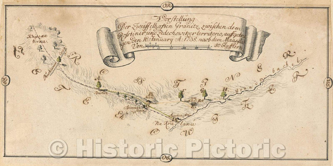 Historic Map : Vorstellung der Zweiffelhaften Granitz zwisehen dem Rosstiner und Zedechowitzer territorio aussgetragen den 16., 1738 , Vintage Wall Art