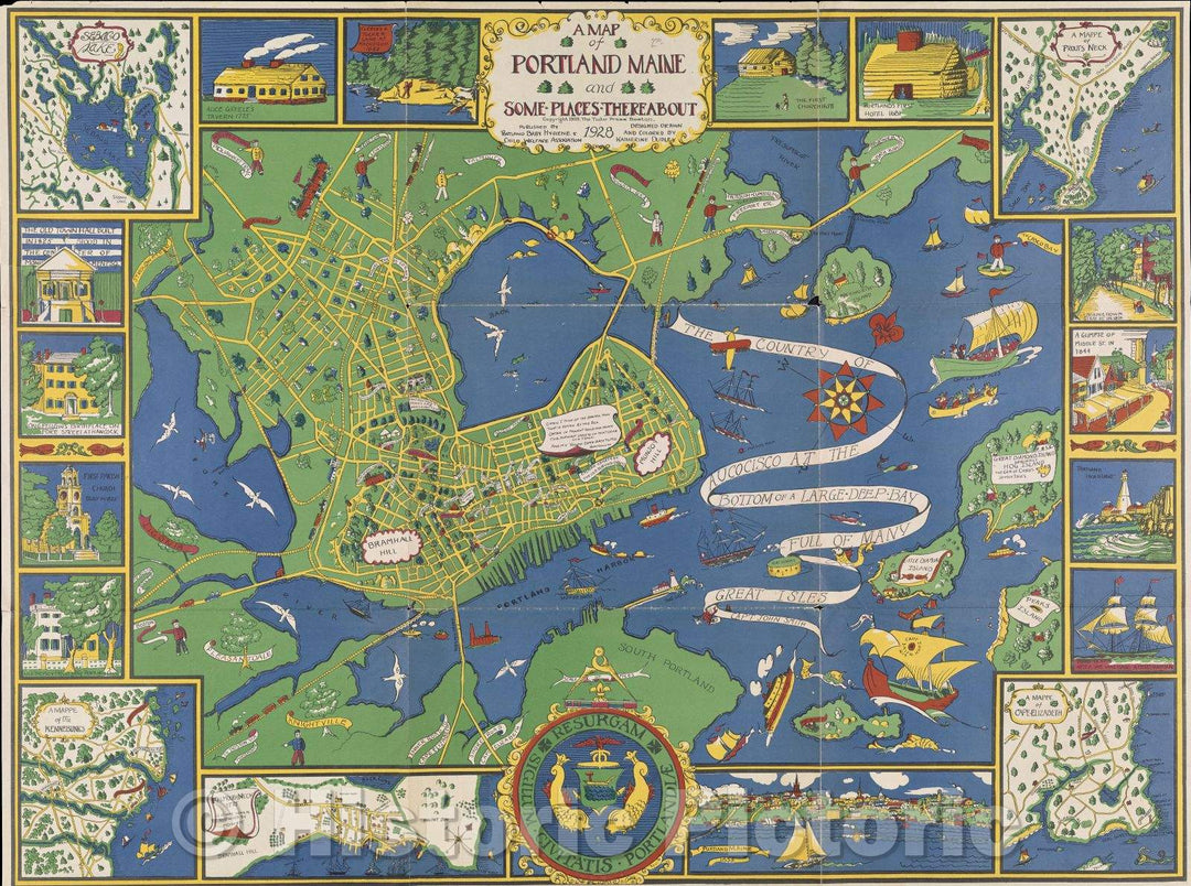 Historic Map : A Map of Portland Maine and some places thereabout, 1928 , Vintage Wall Art