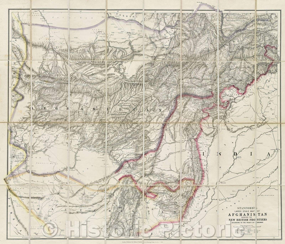 Historic Map : Stanford's large-scale map of Afghanistan showing the New British Frontiers according to the Treaty of Gandamak., 1879 , Vintage Wall Art