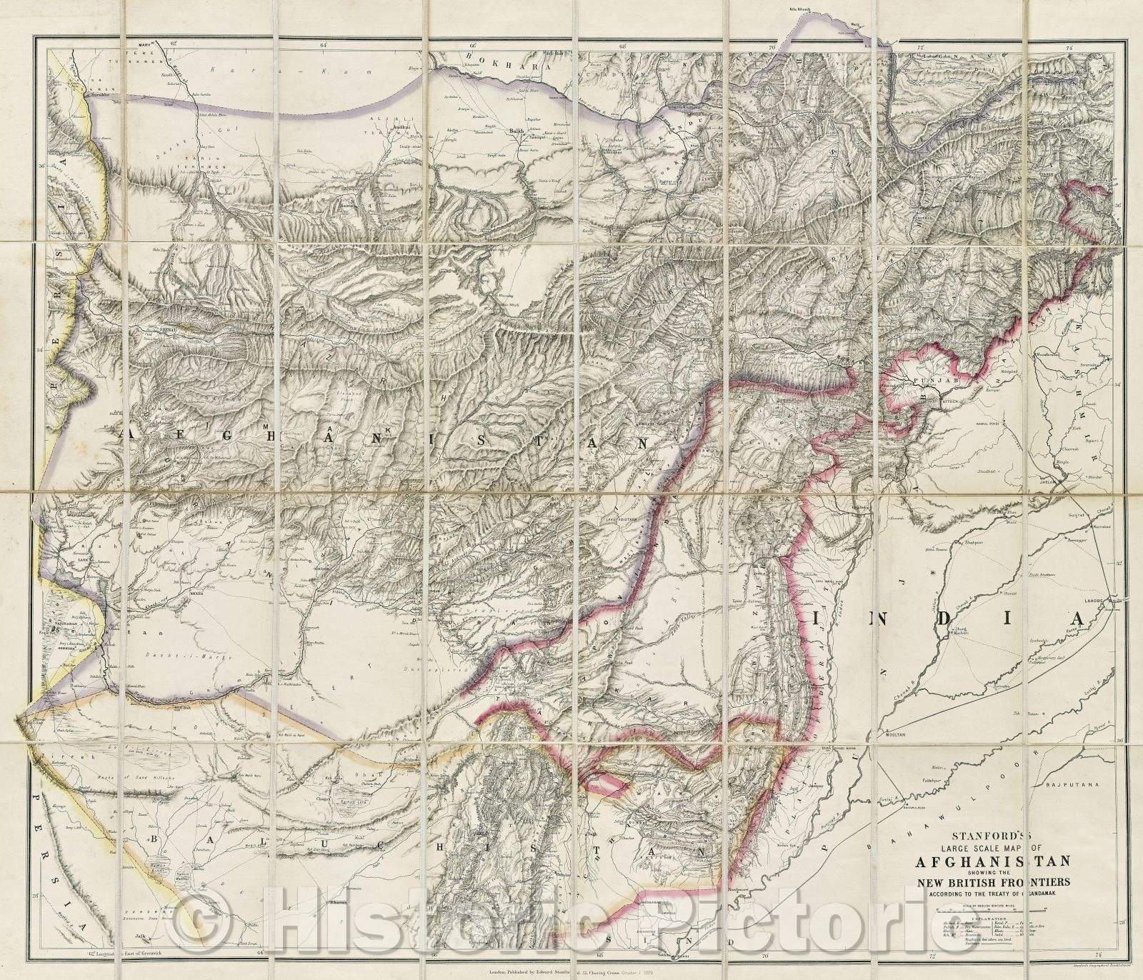 Historic Map : Stanford's large-scale map of Afghanistan showing the New British Frontiers according to the Treaty of Gandamak., 1879 , Vintage Wall Art