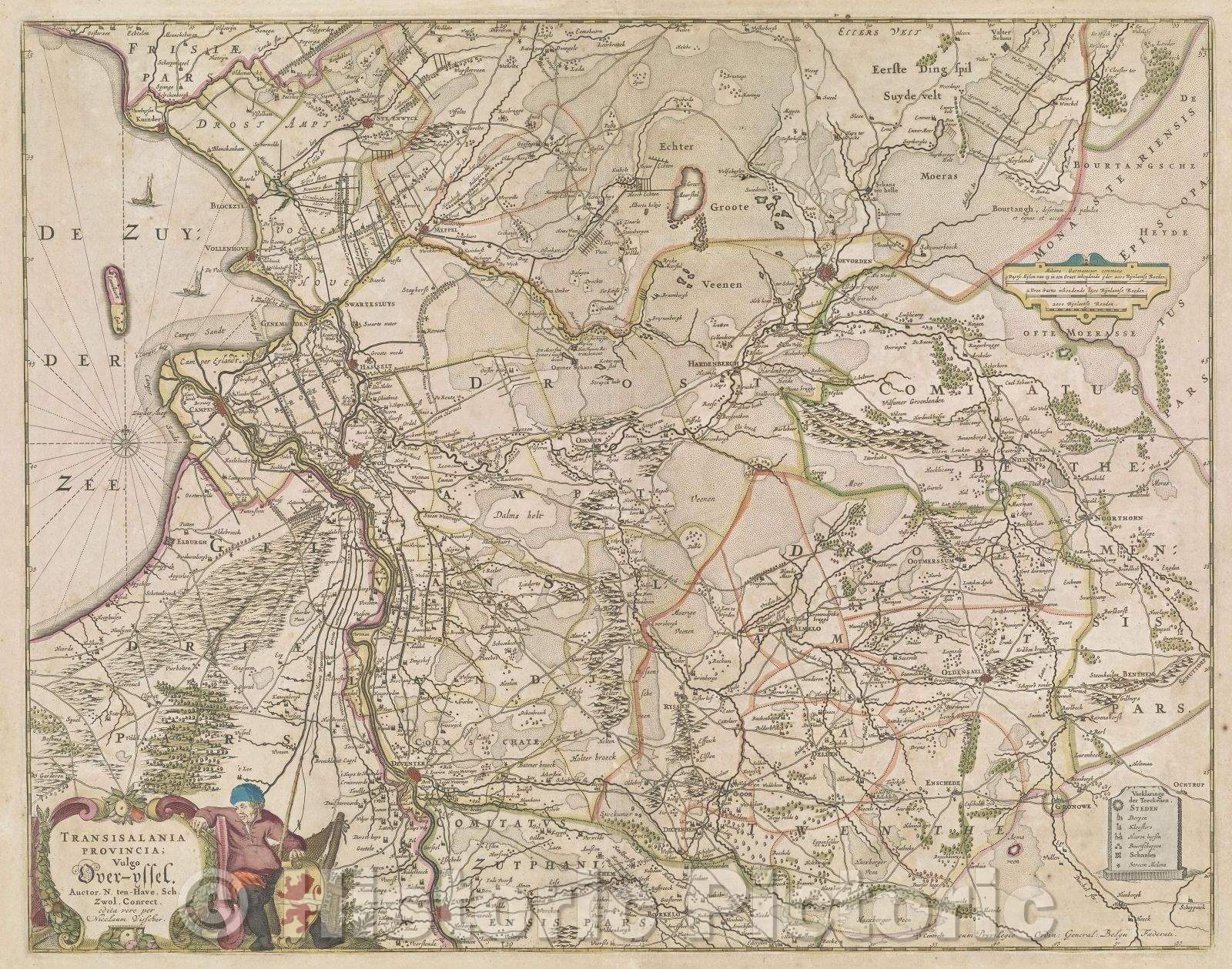 Historic Map : Transisalania Provincia; Vulgo Over-Yssel., c. 1650 , Vintage Wall Art