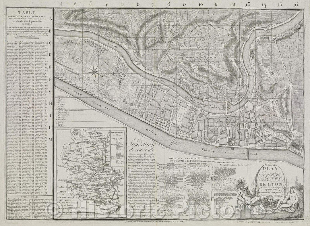Historic Map : Nouveau plan topographique de la ville de Lyon avec un precis historique sur cette ville et une notice sur ce quelle contient de remarquable annee, 1816 , Vintage Wall Art