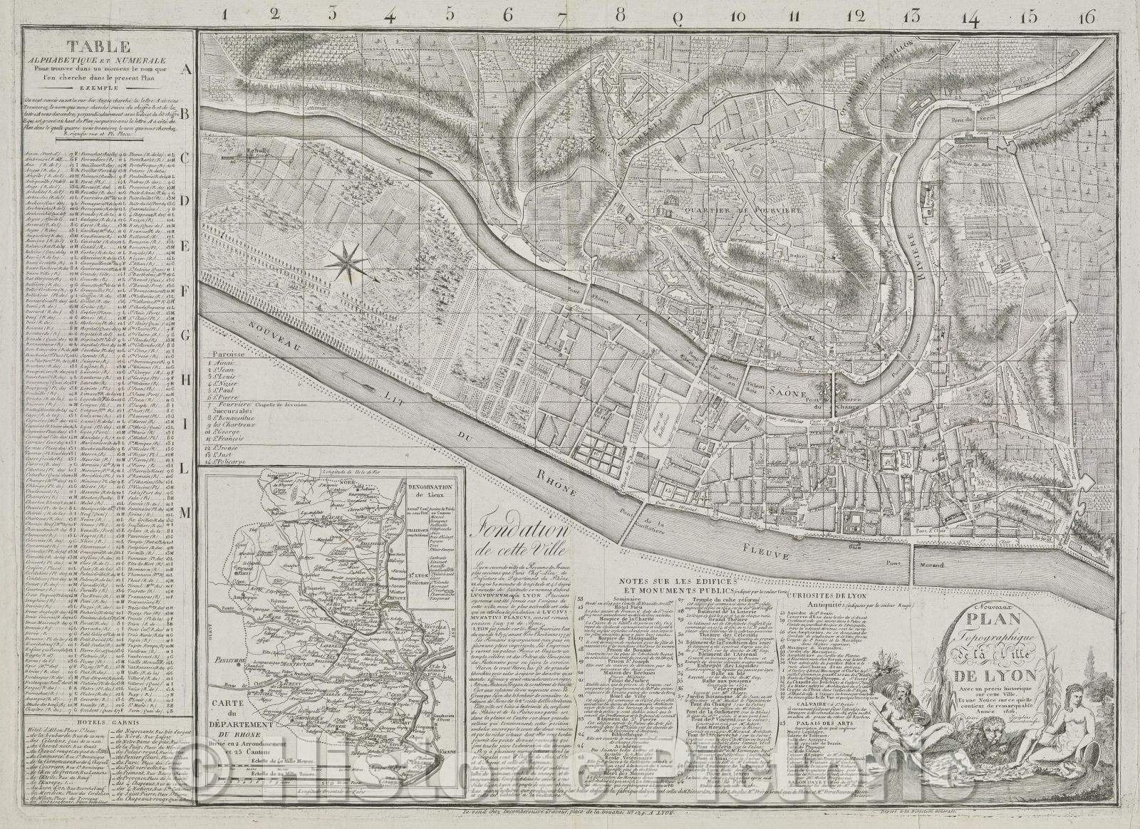 Historic Map : Nouveau plan topographique de la ville de Lyon avec un precis historique sur cette ville et une notice sur ce quelle contient de remarquable annee, 1816 , Vintage Wall Art