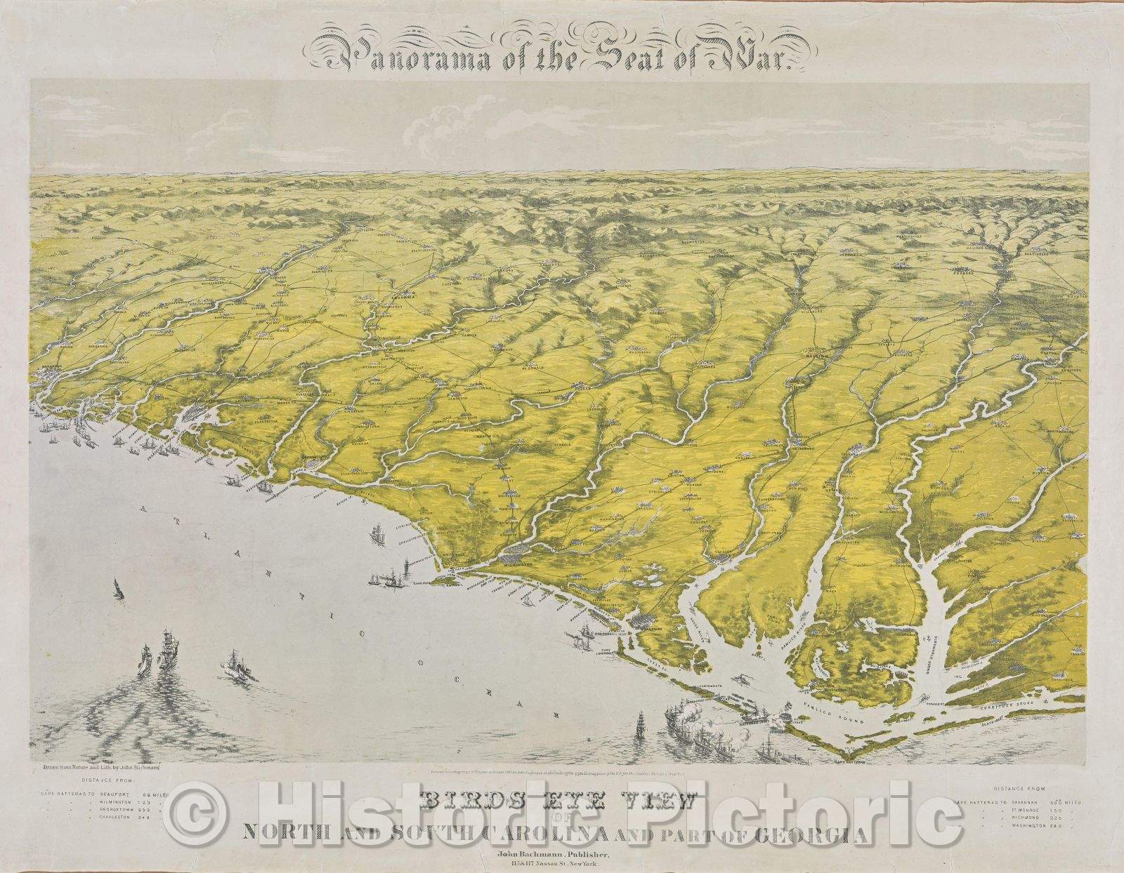 Historic Map : Panorama of the seat of war: Birds Eye View of North and South Carolina and part of Georgia., 1861 , Vintage Wall Art