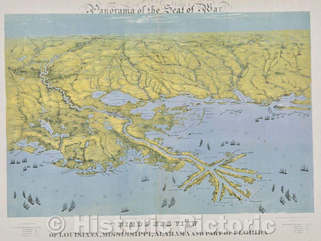 Historic Map : Panorama of the seat of war: birds eye view of Louisiana, Mississippi, Alabama and part of Florida., 1861 , Vintage Wall Art