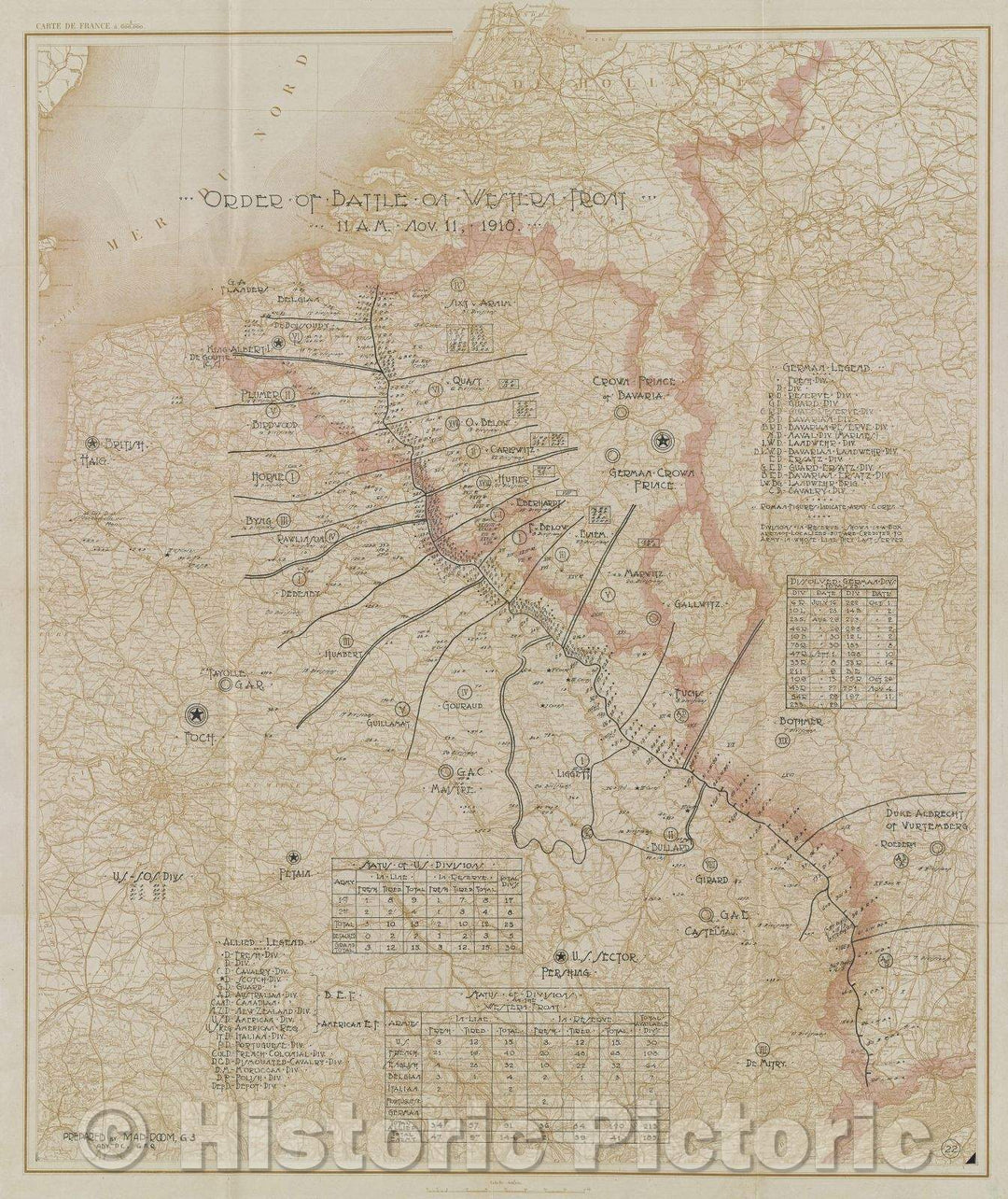 Historic Map : Order of battle on the Western Front 11 a.m. Nov. 11, 1918., 1918 , Vintage Wall Art