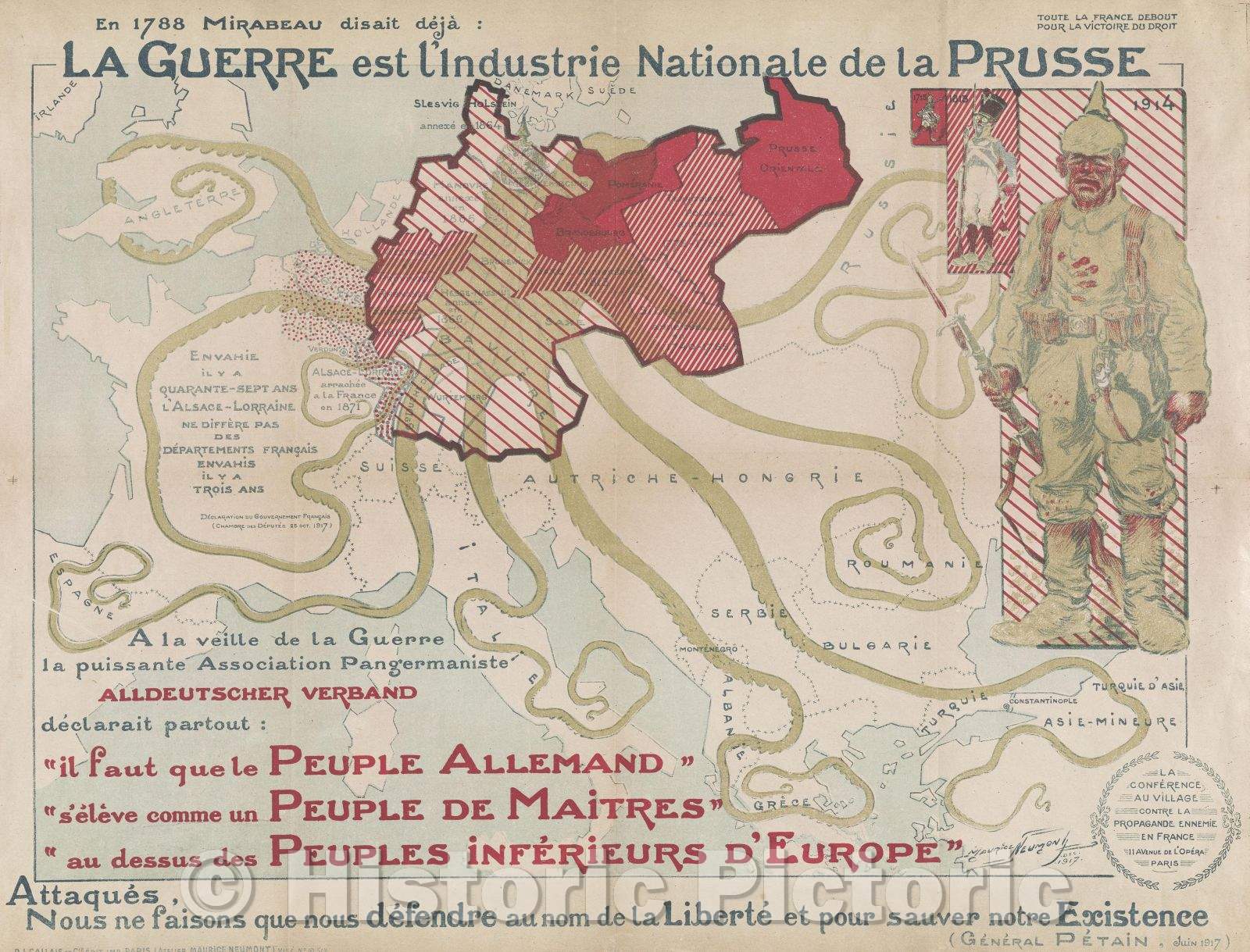 Historic Map : La guerre est l'industrie nationale del Prusse... attaques, nous ne faisons que nous defendre au nom de la liberte et pour sauver notre existence., 1917 , Vintage Wall Art