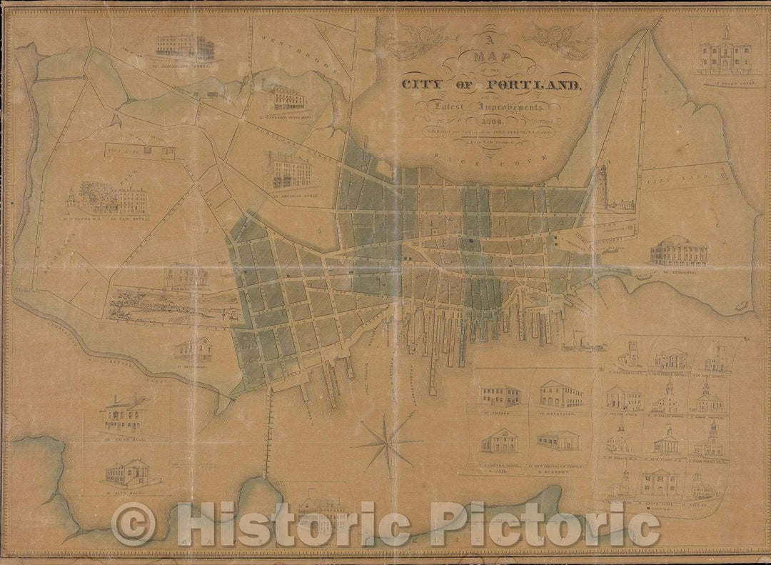 Historic Map : A Map of the City of Portland with its Latest Improvements including a view of the principal buildings engraved and published by John Cullum, Portland, 1836 , Vintage Wall Art