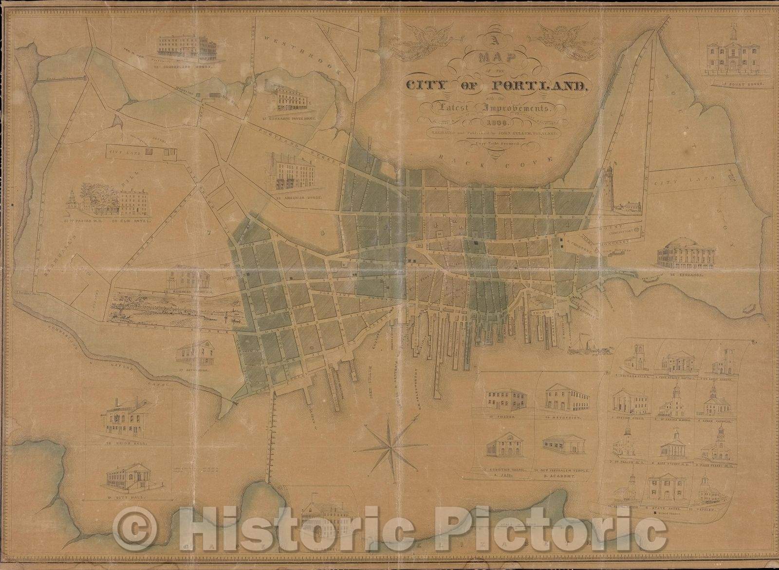 Historic Map : A Map of the City of Portland with its Latest Improvements including a view of the principal buildings engraved and published by John Cullum, Portland, 1836 , Vintage Wall Art