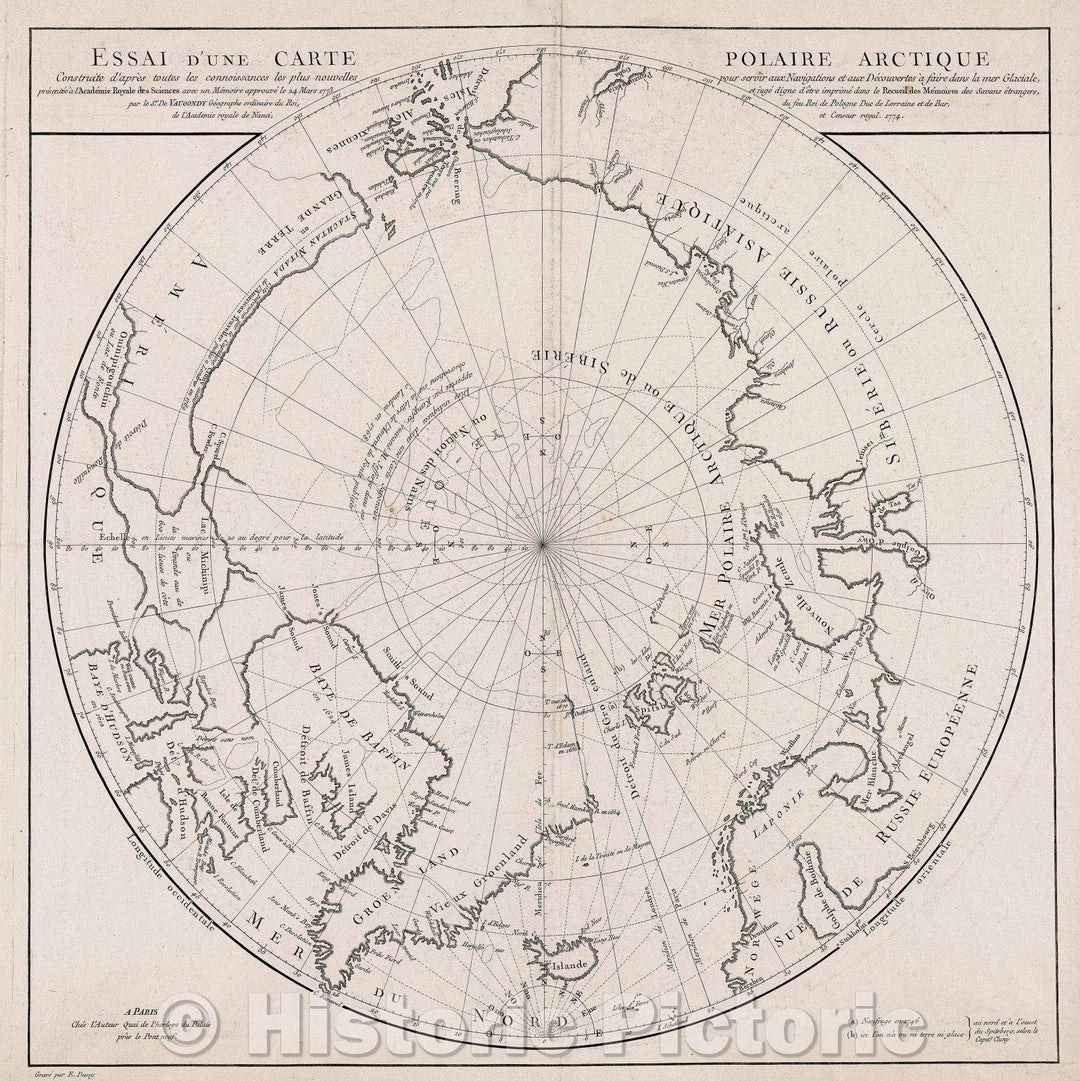 Historic Map : Essai d'une carte polaire arctique construite d'apres toutes les connoissances les plus nouvelles pour servir aux navigations et aux decouvertes, 1774 , Vintage Wall Art